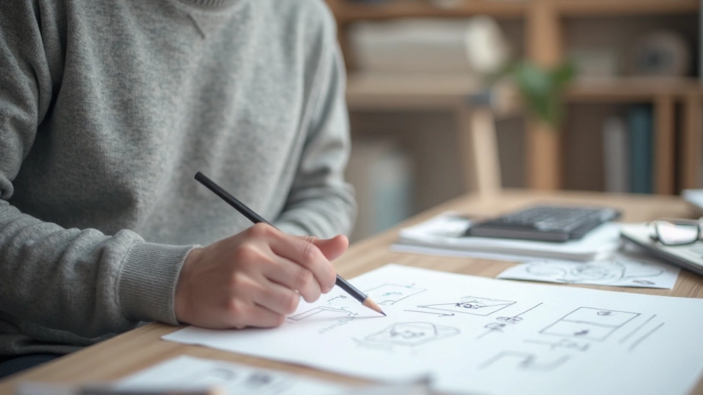 Hand skizziert Website-Struktur mit Bleistift auf Papier, zeigt Boxen und Verbindungen für Navigation und Content-Layout