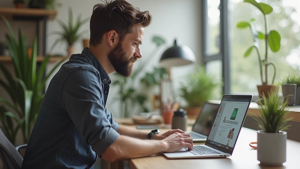 Designer arbeitet an Portfolio-Website auf modernem Laptop in hellem Studio mit pflanzlicher Dekoration und Kaffee