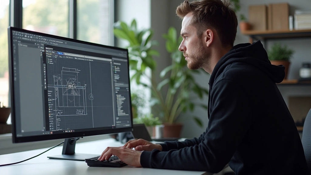 Designer arbeitet an Website-Struktur auf großem Monitor mit Wireframe-Skizzen und Notizen auf dem Schreibtisch, professionelles Workspace-Setup mit natürlichem Licht
