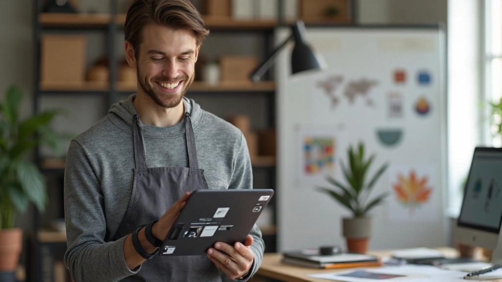 Kreativer Designer präsentiert Design-Mockups auf Tablet in hellem Kreativstudio