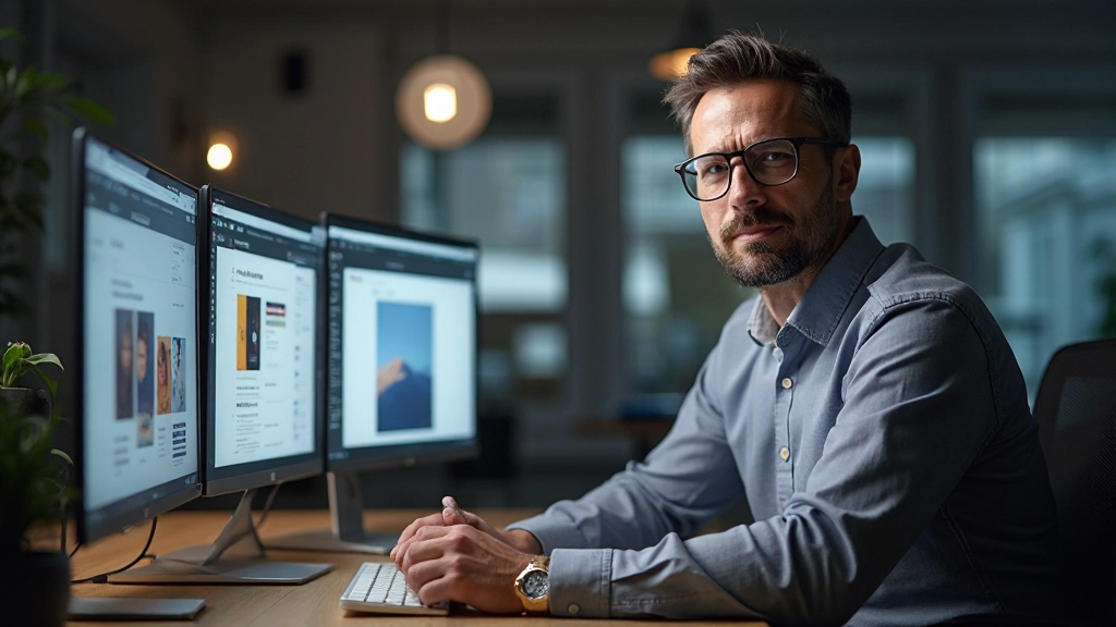 Designer arbeitet an Portfolio-Layouts auf mehreren Monitor-Displays im Studio