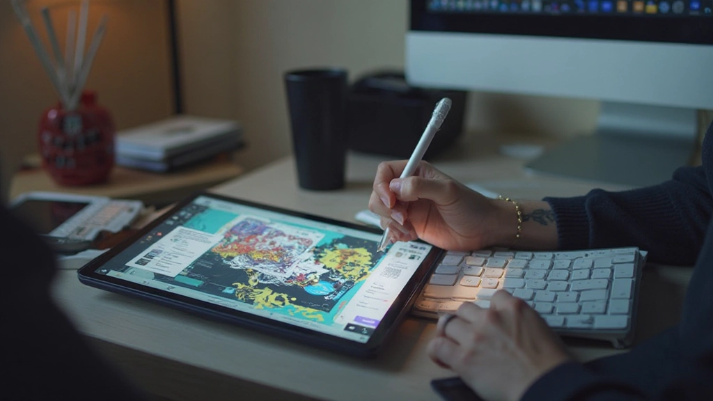 Grafik-Tablet mit digitalen Kunstwerken und Designtools in kreativer Workspace-Umgebung mit professionellem Setup