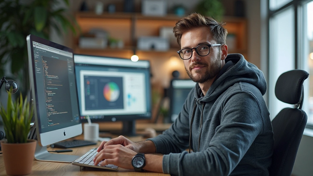 Kreativer Arbeitsbereich mit Designer am Monitor, moderne Büroumgebung mit Designtools und Grafiktablett auf dem Schreibtisch, professionelle Beleuchtung, keine Text, keine Wasserzeichen