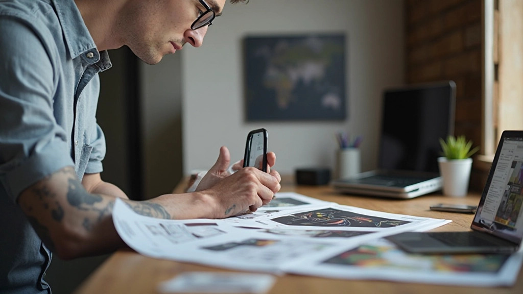 Designer betrachtet hochwertige Portfolio-Ausdrucke auf seinem modernen Arbeitsplatz mit professioneller Beleuchtung
