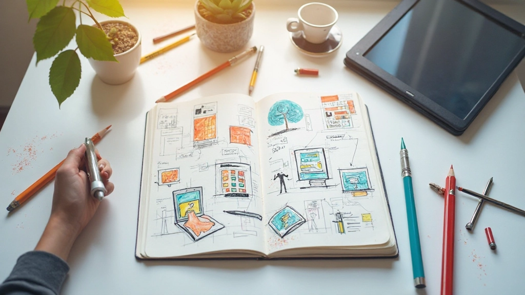 Skizzenbuch mit farbigen Entwürfen neben Stiften und Tablet auf weißem Schreibtisch