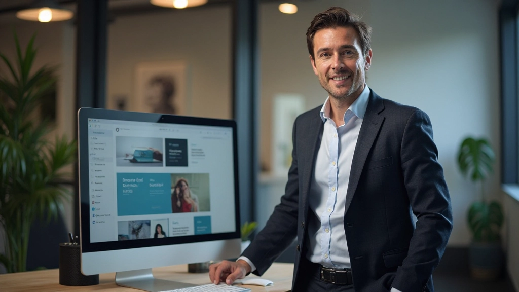 Webdesigner zeigt Portfolio auf hochwertigem Desktop-Monitor in professionellem Büro mit moderner Beleuchtung