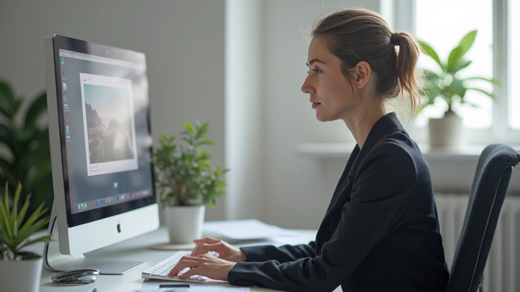 Designerin überprüft detailliert ihre Portfolio-Arbeiten am Computer mit konzentriertem Blick