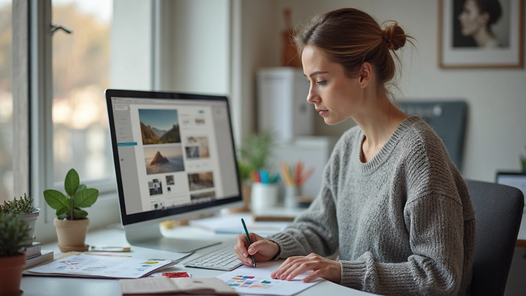 Designer beim Sortieren und Auswählen von Portfolio-Projekten am Schreibtisch mit Notizen und Skizzen