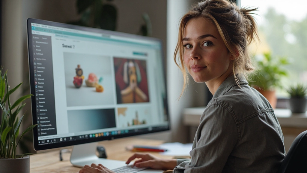 Designer arbeitet an Portfolio-Website auf großem Monitor in modernem Studio mit natürlichem Licht und Designmaterialien, professionelle Workspace-Umgebung mit mehreren Bildschirmen