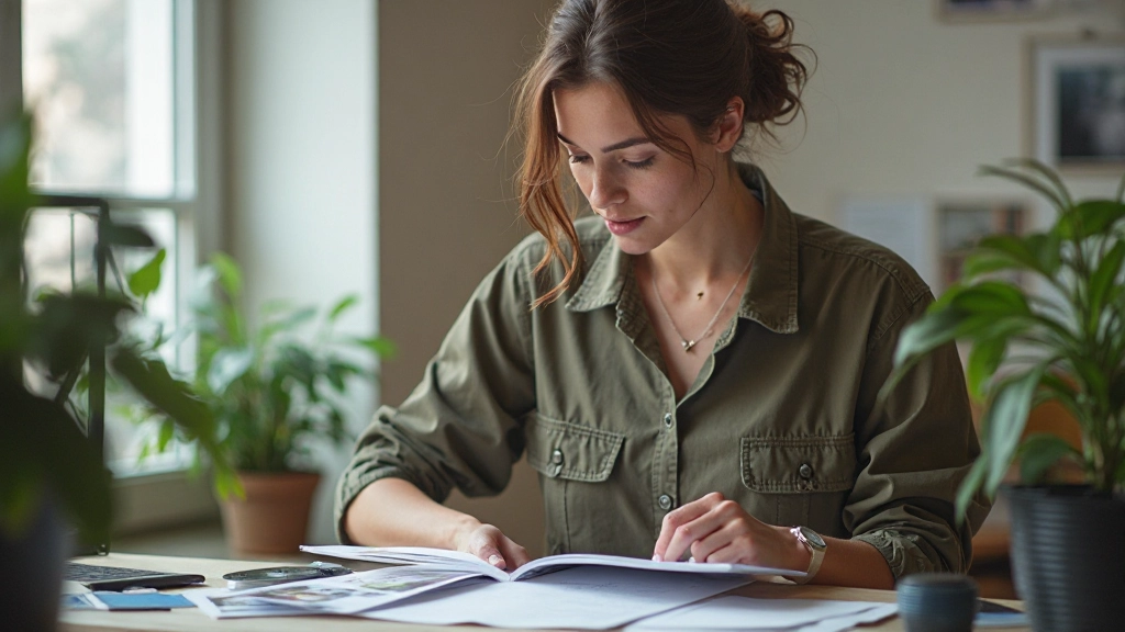Frau zeigt Portfolio-Inhalte auf hochwertigem Display mit professionellen Bildern und Text-Beschreibungen